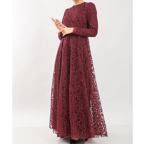 Elegant formal modest gown Red burgundy  sparkly Lace Women Dress sz 8 - Picture 5 of 11
